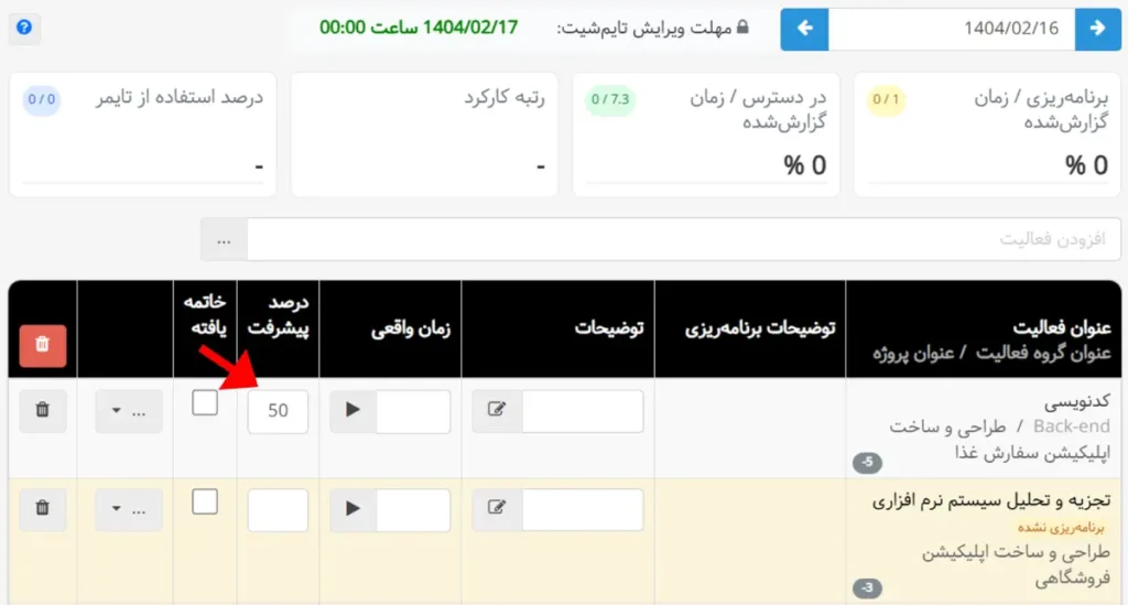 وارد کردن درصد پیشرفت فعالیت‌ها در گزارش کار بهتایم