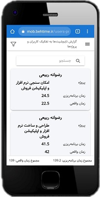 گزارش تایم‌شیت‌ها به تفکیک کاربران و پروژه‌ها در اپلیکیشن بهتایم